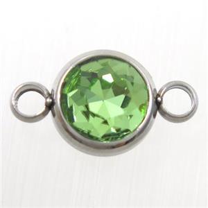 crystal glass connector, green peridot, stainless steel, approx 10mm dia