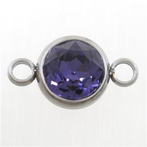 crystal glass connector, purple Amethyst, stainless steel, approx 10mm dia
