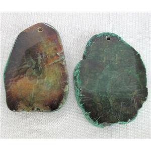 Natural agate stone slice pendant, green, approx 40-55mm