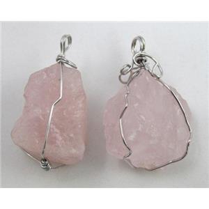 natural rose quartz stone pendants, wire wrapped, freeform, approx 20-35mm