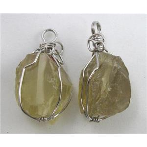 natural Lemon quartz stone pendants, wire wrapped, freeform, approx 20-35mm