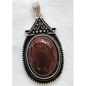 Red Dye Agate Oval Pendant Alloy Antique Silver, approx 30x55mm, 22x30mm stone