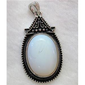 White Opalite Oval Pendant Alloy Antique Silver, approx 30x55mm, 22x30mm stone