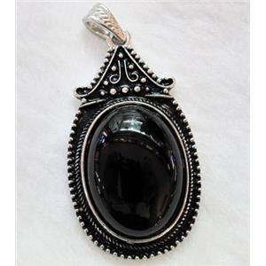 Black Onyx Agate Oval Pendant Alloy Antique Silver, approx 30x55mm, 22x30mm stone
