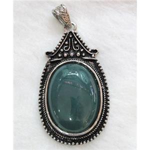 Green Aventurine Oval Pendant Alloy Antique Silver, approx 30x55mm, 22x30mm stone