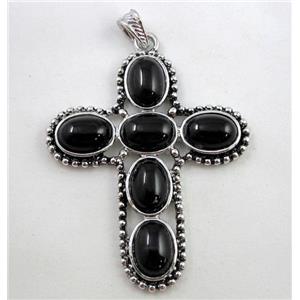 gemstone pendant, cross, black onyx, antique silver, approx 55x71mm, 10x14mm stone