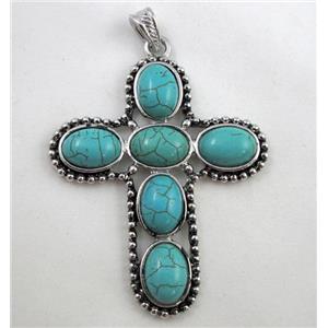 turquoise pendant, cross, antique silver, approx 55x71mm, 10x14mm stone