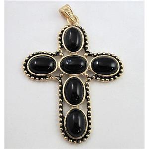 gemstone pendant, cross, black onyx, antique gold, approx 55x71mm, 10x14mm stone