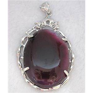 agate stone pendant, oval, purple, platinum plated, copper setting, approx 37x56mm