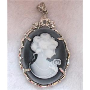 Victorian Lady Portrait Cameo resin pendant, platinum plated, approx 37x56mm