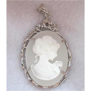 Victorian Lady Portrait Cameo resin pendant, platinum plated, approx 37x56mm