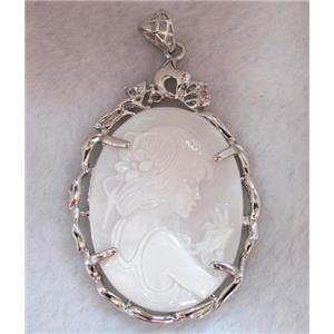 Victorian Lady Portrait Cameo, shell pearl pendant, platinum plated, approx 37x56mm