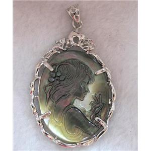 Victorian Lady Portrait Cameo, black shell pendant, platinum plated, approx 37x56mm