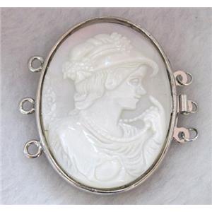 Victorian Lady Portrait Cameo, shell connector for necklace, bracelet, platinum plated, approx 33x42mm