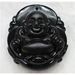 Natural Black Obsidian Buddha Pendant, approx 40x43mm