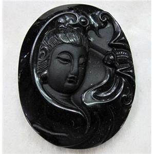 Natural Black Obsidian Buddha Pendant, approx 35x45mm