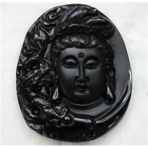 Natural Black Obsidian Buddha Pendant, approx 40x48mm