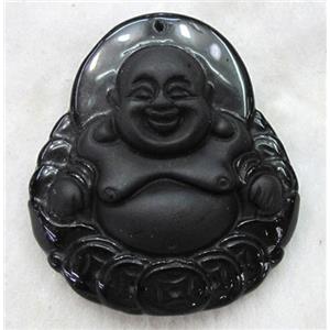 Natural Black Obsidian Buddha Pendant, approx 40x45mm