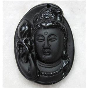 Natural Black Obsidian Buddha Pendant, approx 34x46mm
