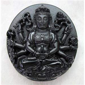 Natural Black Obsidian Buddha Pendant, approx 46x50mm