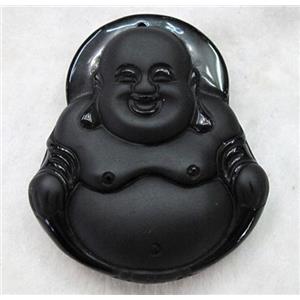 Natural Black Obsidian Buddha Pendant, approx 43x50mm