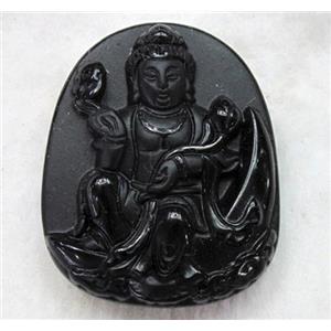 Natural Black Obsidian Buddha Pendant, approx 35x43mm