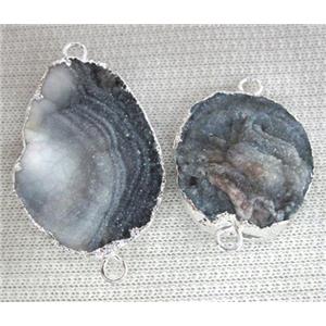 natural agate druzy connector, freeform slice, silver plated, approx 15-35mm