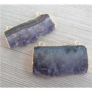 druzy amethyst pendant, freeform slice, gold plated, two-hole, approx 20-35mm