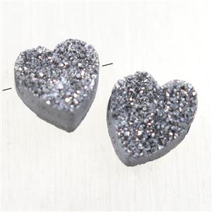 silver Druzy Quartz heart beads, approx 9-10mm