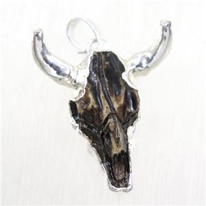 black resin bullHead pendant, silver plated, approx 20-25mm