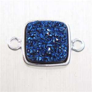 blue druzy quartz connector, square, platinum plated, approx 12x12mm