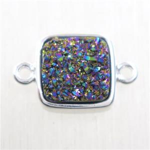 rainbow druzy quartz connector, square, platinum plated, approx 12x12mm