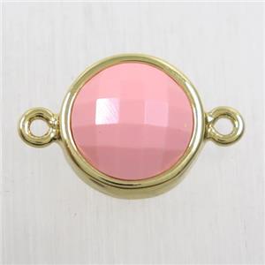 pink dye Coral circle connector, gold plated, approx 12mm dia