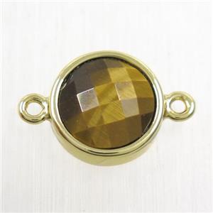 yellow Tiger eye stone circle connector, gold plated, approx 12mm dia