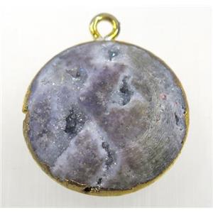 natural Agate Druzy pendant, flat round, gold plated, approx 25mm dia
