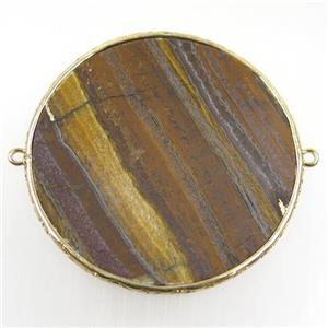Iron Tiger eye stone connector, circle, gold plated, approx 52mm dia