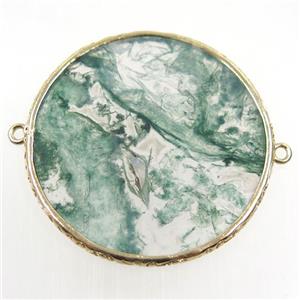 green Moss Agate connector, circle, gold plated, approx 42mm dia