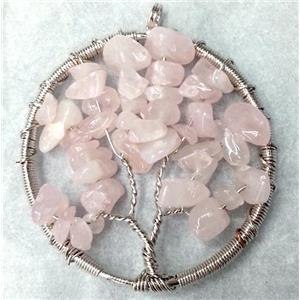 Pink Rose Quartz Chips Pendant Tree Of Life Wire Wrapped Platinum Plated, approx 50mm dia