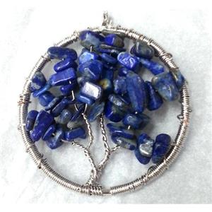 Blue Lapis Lazuli Chips Pendant Tree Of Life Wire Wrapped Platinum Plated, approx 50mm dia