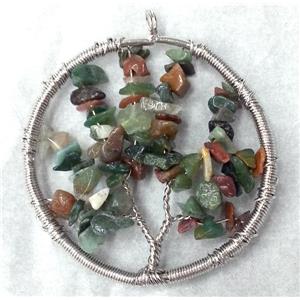Indian Agate Chips Pendant Tree Of Life Wire Wrapped Platinum Plated, approx 50mm dia