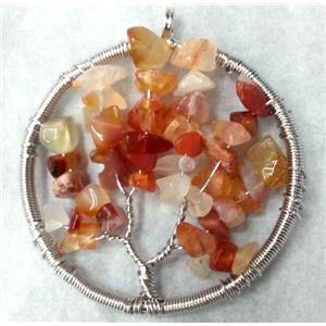 Red Agate Chips Pendant Tree Of Life Wire Wrapped Platinum Plated, approx 50mm dia