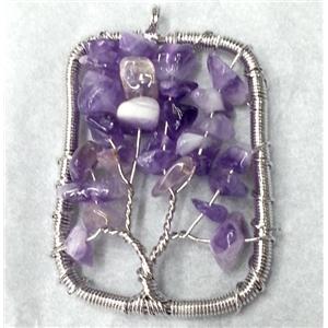 Purple Amethyst Chips Rectangle Pendant Tree Of Life Wire Wrapped Platinum Plated, approx 36x52mm