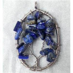 Blue Lapis Lazuli Chips Pendant Tree Of Life Wire Wrapped Platinum Plated, approx 35x52mm