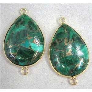 mosaic malachite connector, green, teardrop, gold plated, approx 22x30mm