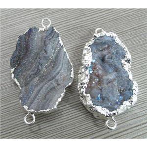 AB-Color druzy agate connector, freeform, silver plated, approx 20-35mm