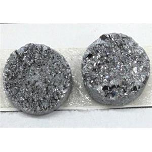 druzy quartz cabochon, flat-round, silver plated, approx 14mm dia