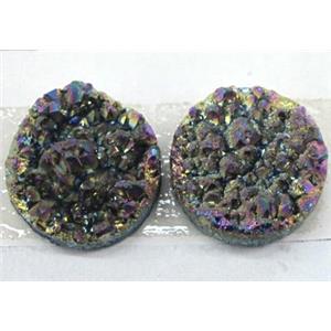 quartz druzy cabochon, flat-round, rainbow plated, approx 30mm dia