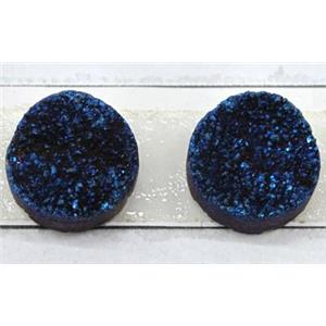 quartz druzy cabochon, flat-round, blue electroplated, approx 12mm dia