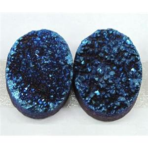 quartz druzy cabochon, oval, blue electroplated, approx 10x14mm
