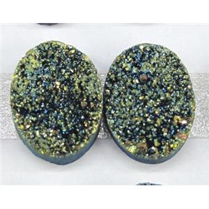 quartz druzy cabochon, oval, green electroplated, approx 18x25mm